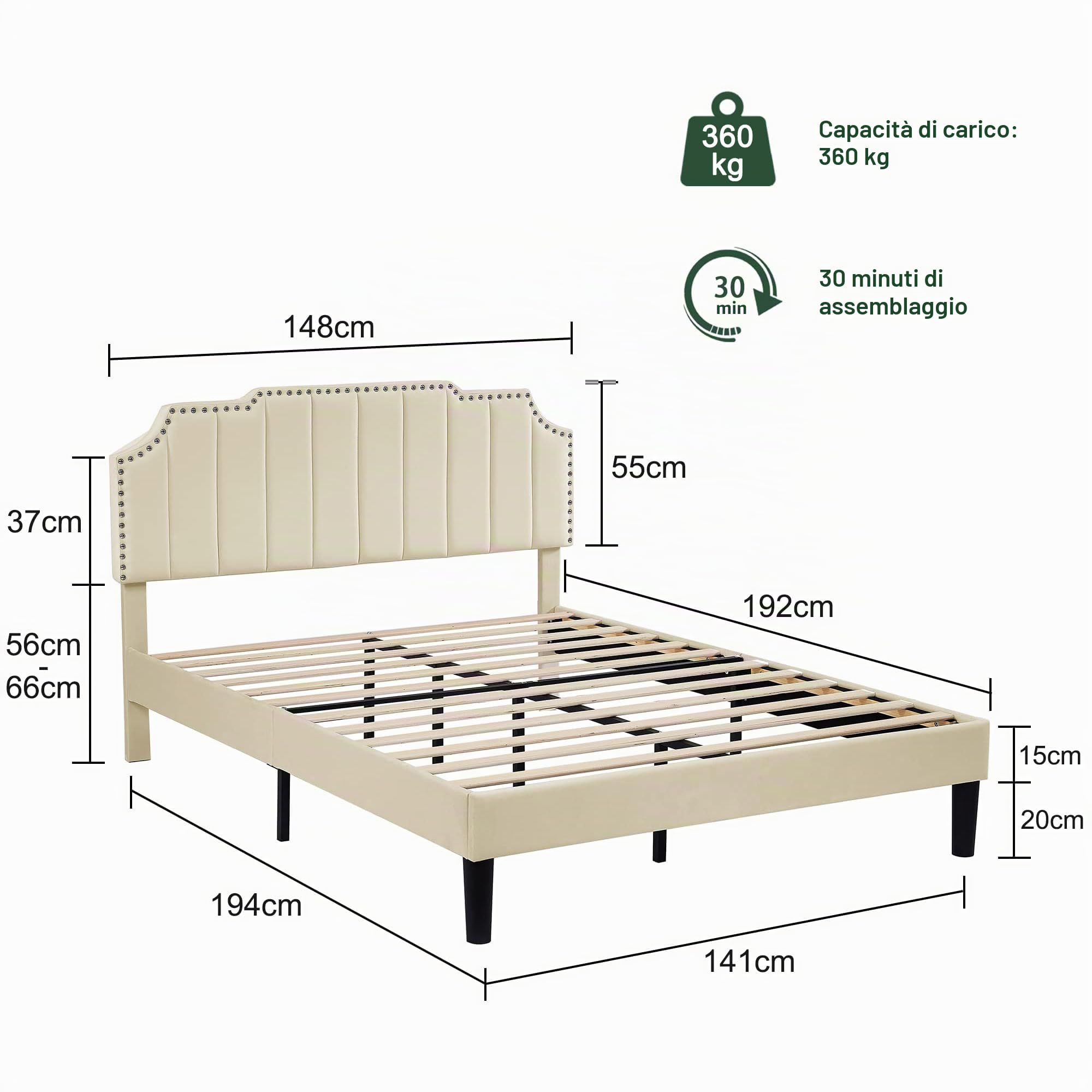VECELO Letto matrimoniale imbottito 140 x 190 cm, telaio letto con testiera del letto, supporto a doghe in legno solido, tessuto in velluto di alta gamma, facile da montare, beige