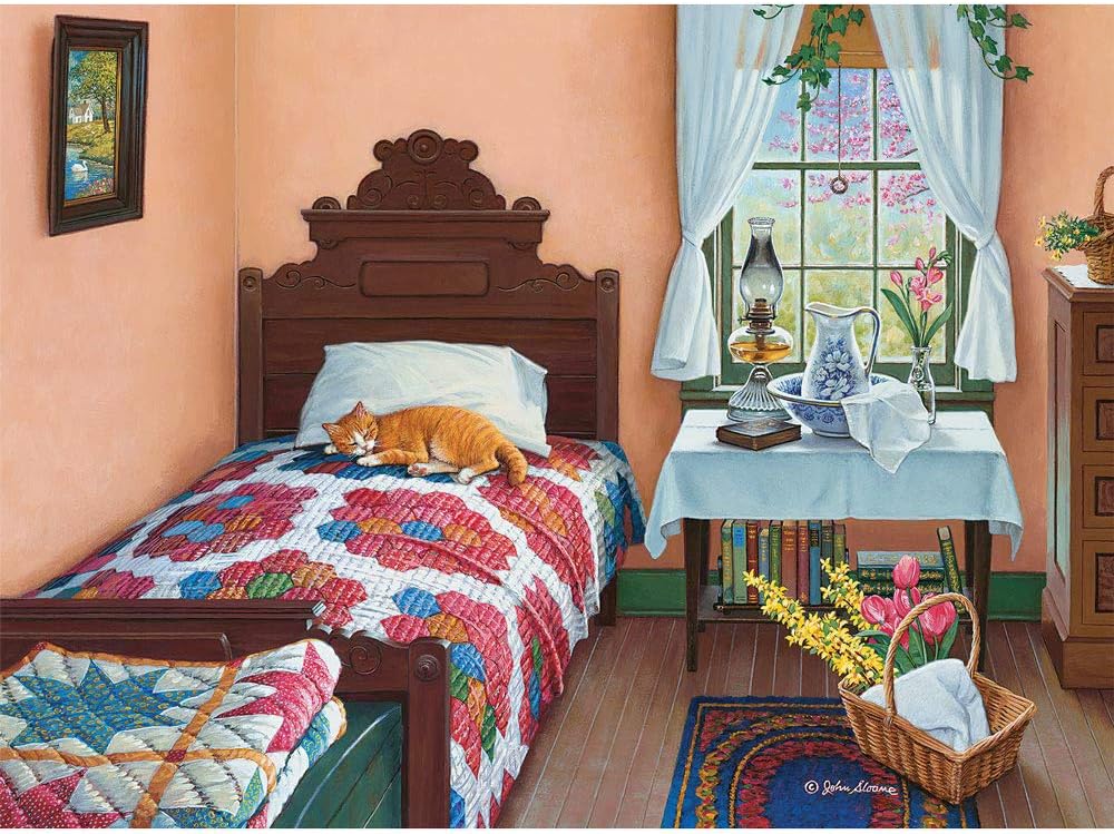 Bits and Pieces - 1000 Piece Jigsaw Puzzle for Adults 20" x 27" - Dreams of Spring - 1000 pc Napping Cat in Old Fashion Room Spring Flowers Jigsaw by Artist John Sloane