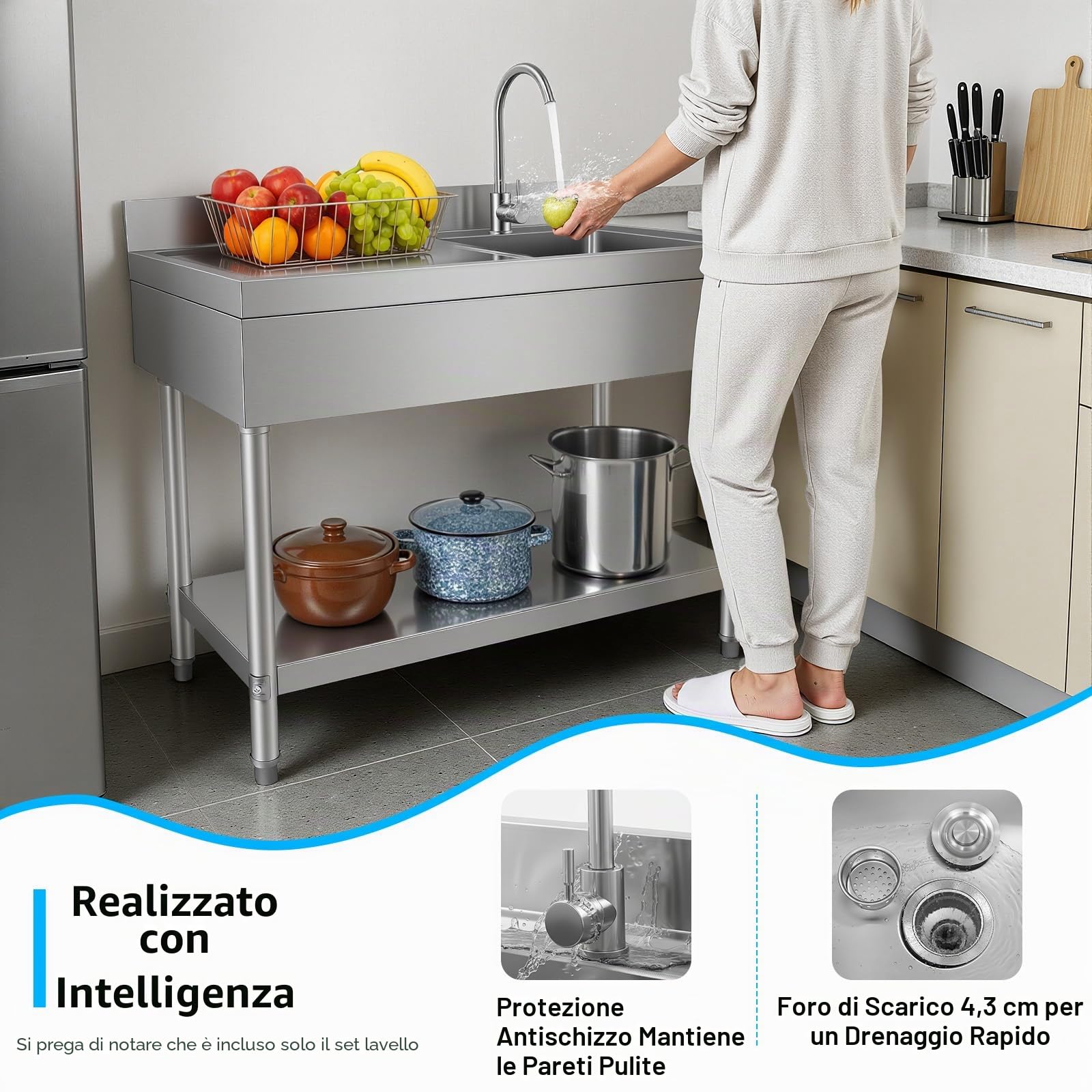Lavello da cucina in acciaio inox, 1 vasca, professionale, in acciaio inox, autoportante con cestello filtro, per esterni, 100 x 60 x 80 cm