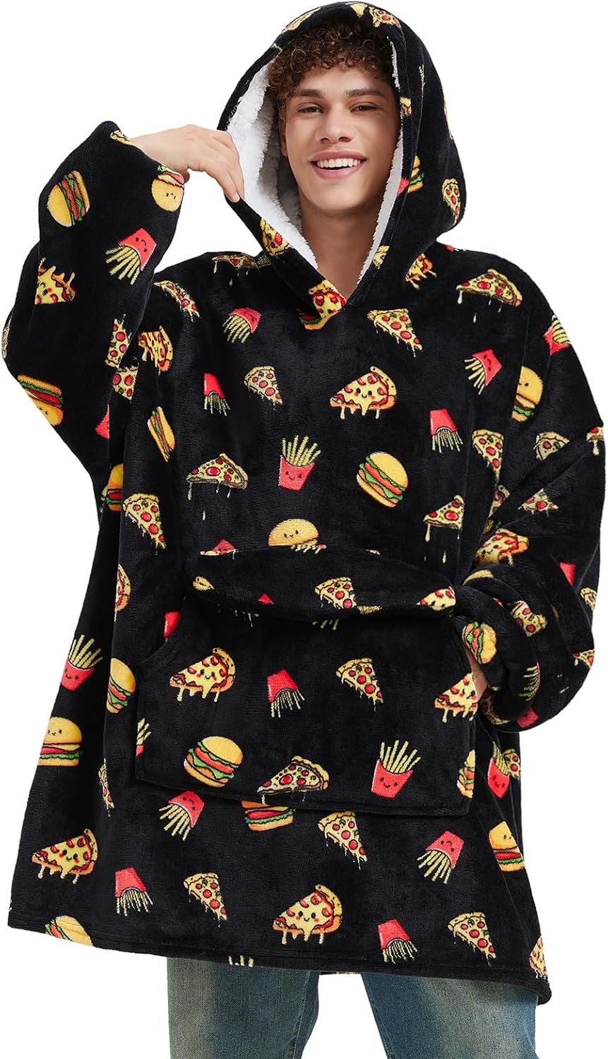 Mewkou Wearable Blanket Hoodie for Adult,Oversized Sherpa Fleece Blanket Hoodie for Women Men,Hamburger Pizza