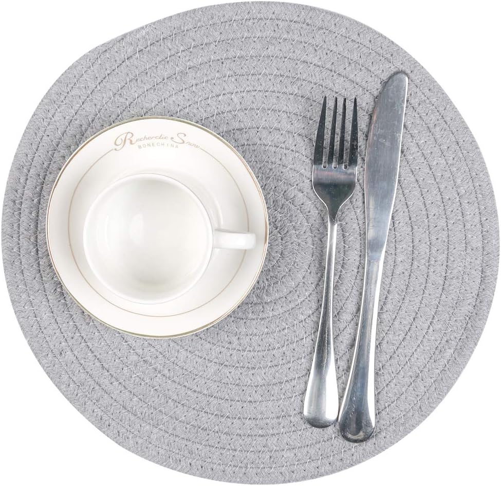 Frее Shірріng оƒƒеr SHACOS Round Placemats Set of 4 Heat Resistant Cotton Rope Braided 12 inch Place Mats for Dining Table Thick Fabric Absorbent Table Mats Trivet (Light Gray, 12 Inch)