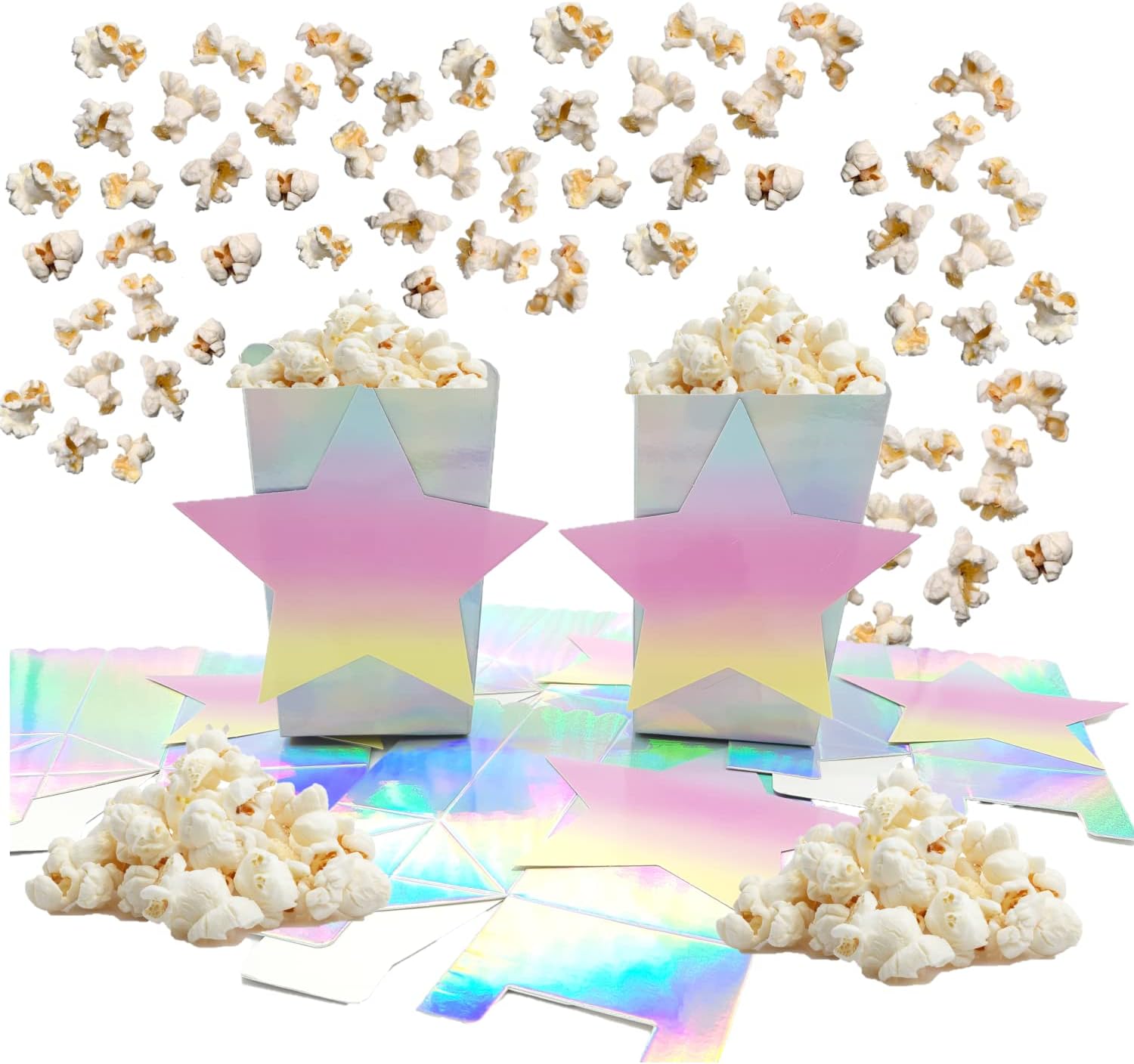 ZENZERO® - Popcorn Paper Box Set - Party - Star Theme - Shiny Rainbow Container Color - 1 Set of 6 Pieces