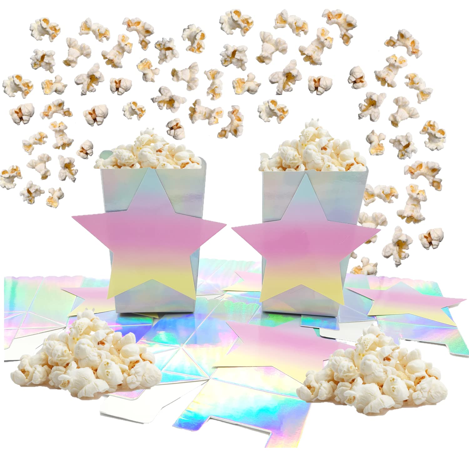 ZENZERO® - Popcorn Paper Box Set - Party - Star Theme - Shiny Rainbow Container Color - 1 Set of 6 Pieces