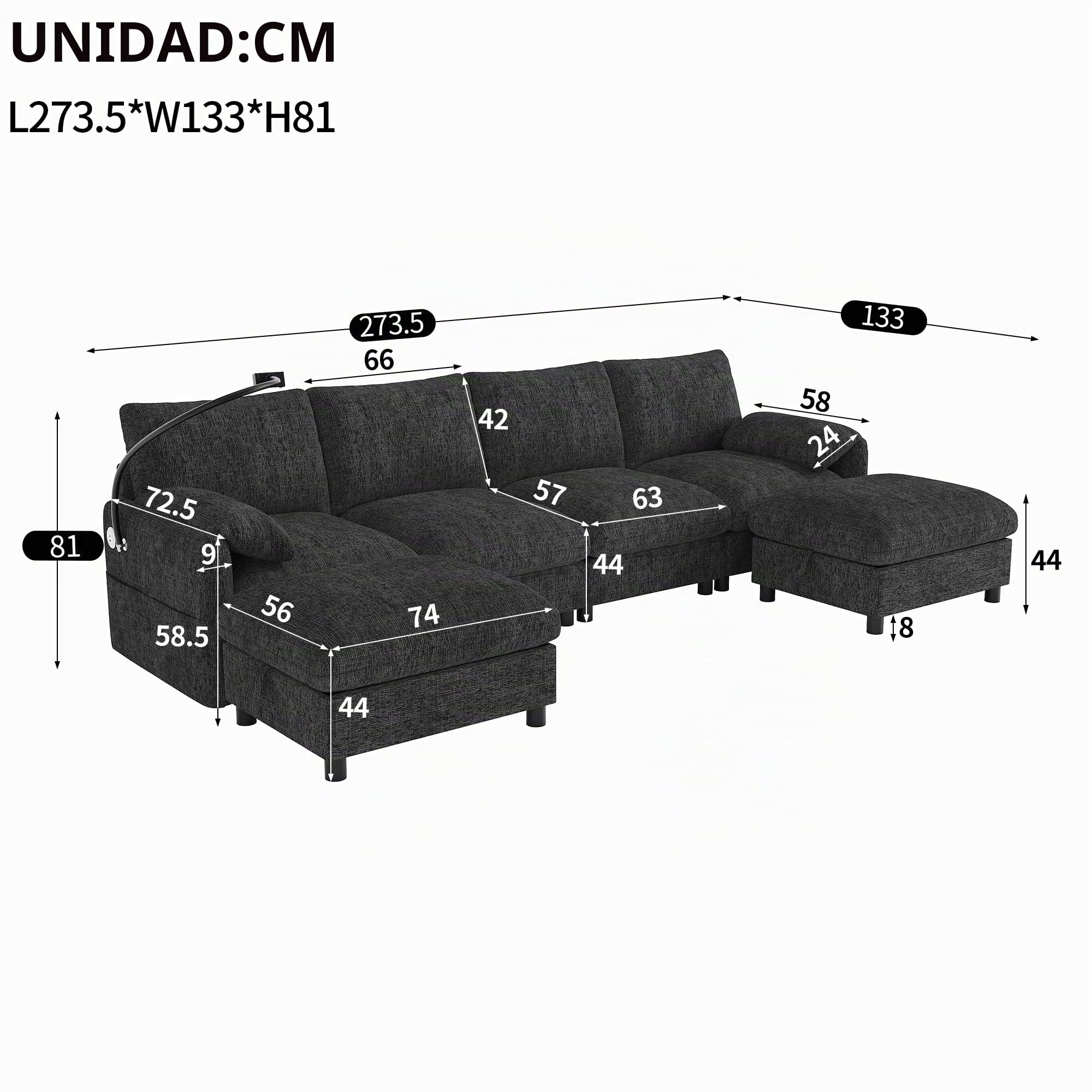 Sofá modular en forma de U/L de 6 plazas, dos otomanas de almacenamiento, puerto de carga USB tipo C, sofá esquinero con soporte para teléfono móvil y reposabrazos acolchados de tela de