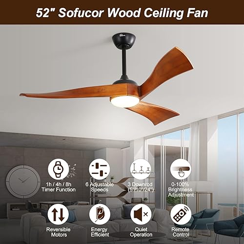 Miniatura 2 de Sofucor Ventilador de techo de madera de 52 pulgadas para interiores con luz y control remoto, ventilador de techo de 3 aspas reversibles para