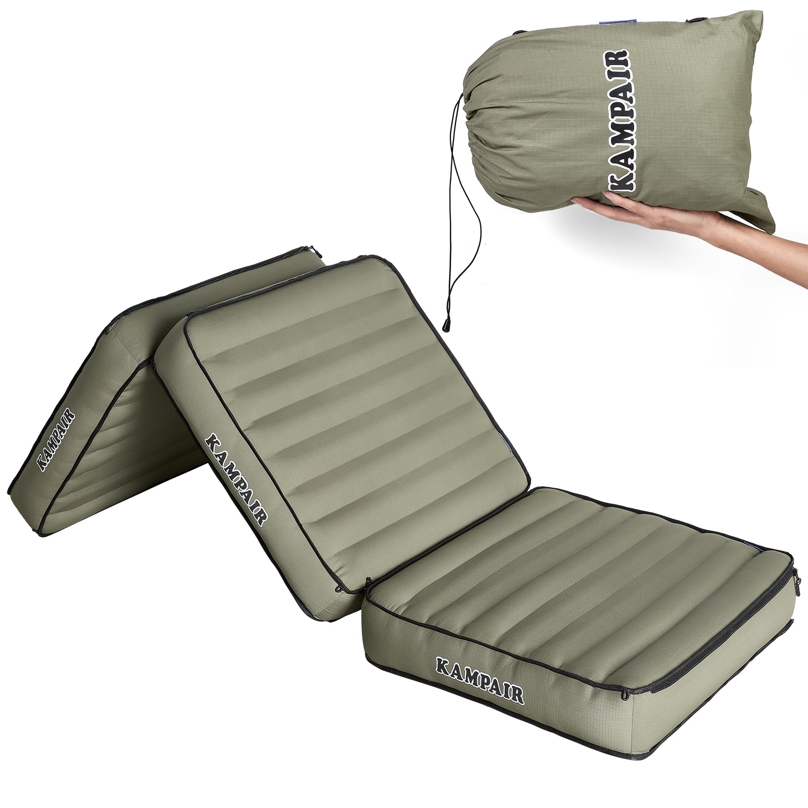 Kampair Detachable Tri Folding Sleeping Pad for Camping, Ultra-Thick 5.5 Inch Air Mattress, Quick Inflate, Zipper Design for Detachment, Machine