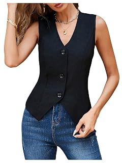 GORGLITTER Womens Button Up Suit Vest V Neck Sleeveless Waistcoat Asymmetrical Dressy Blazers