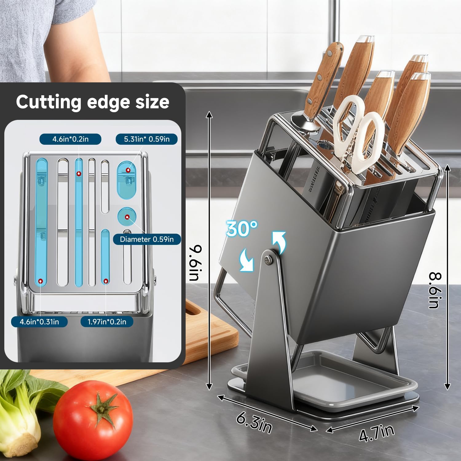 Universal Knife Block Holder Without Knives,Knife storage with Slots for Scissors and Sharpening Rod, Knife Holder Storage for Countertop, Stainless kitchen Knife Holder for Easy Clean (Grey)