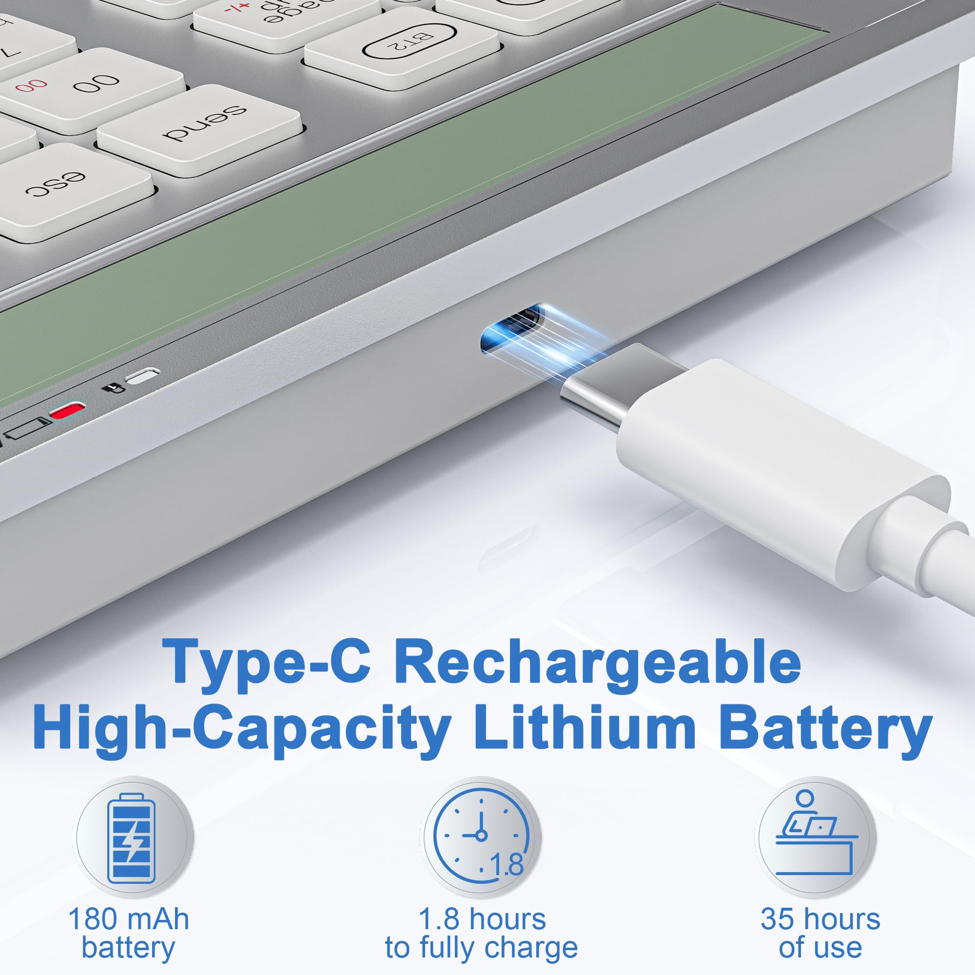 Tastierino numerico 2-in-1 ricaricabile con Bluetooth e USB, 34 tasti con display calcolatrice, sottile e portatile per PC/Mac/tablet, inserimento dati e contabilità rapidi