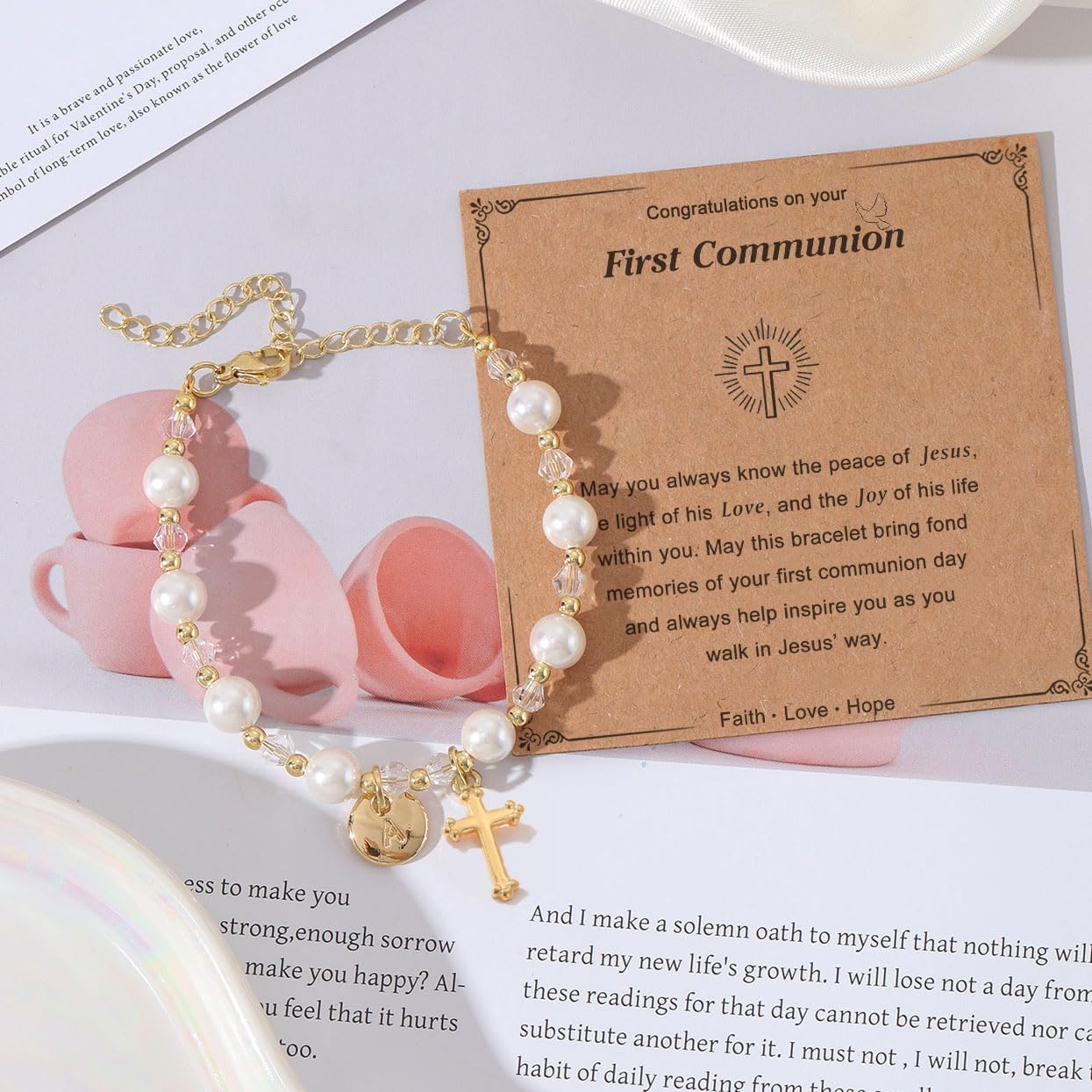 Initial A-Z Letter First Communion Gifts for Girls,Rosary Pearl Cross Bracelet for Christian Catholic Goddaughter - Image 3