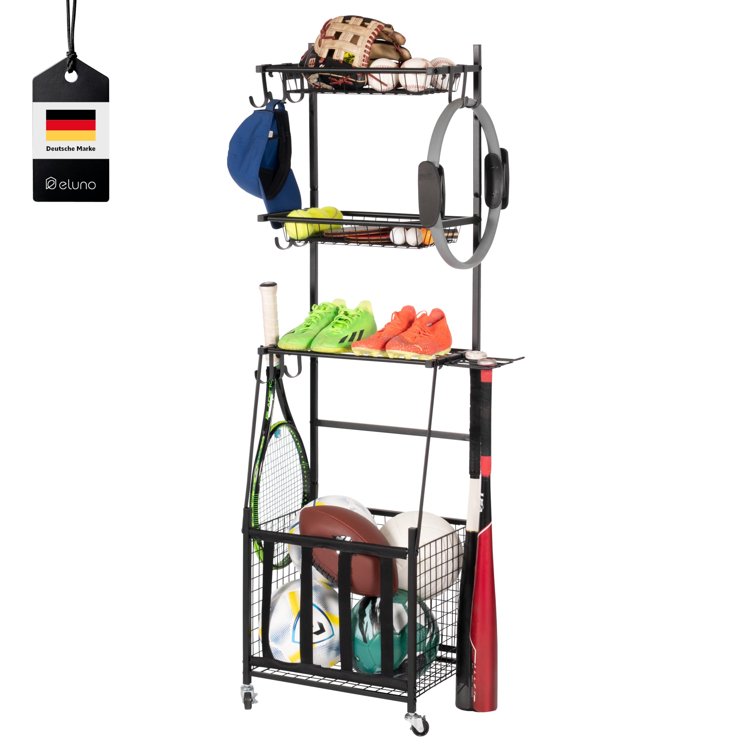 eluno Sportger�tewagen mit stabilen Ablagefl�chen, K�rben und Haken, Fitnessger�te-Organizer f�r B�lle, Baseballschl�ger, aus schwarzem Stahl