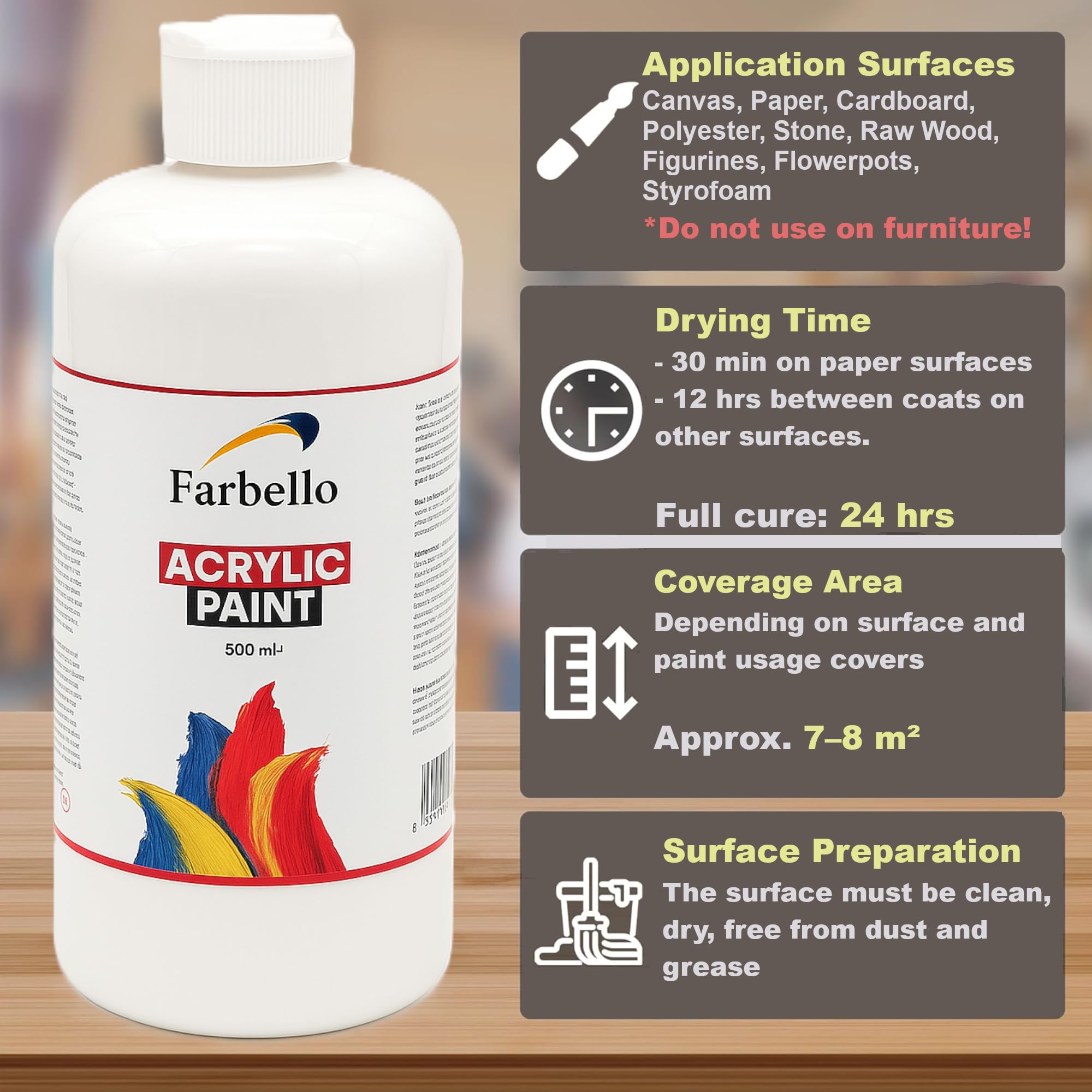 Juego de pinturas acrílicas de 500 ml cada una, a base de agua, resistente al agua y altamente pigmentadas, kit de pintura acrílica profesional para madera, lienzo, tela, piedra, kit de pintura