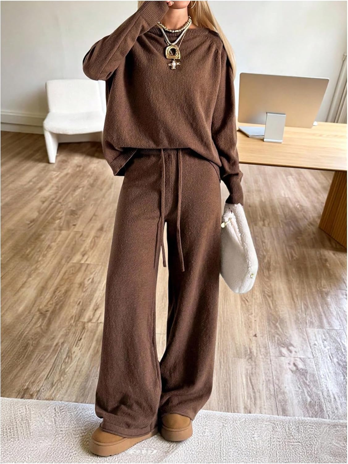 SOLY HUX Women's 2 Piece Knit Outfits Sweater Set Long Sleeve Pullover Tops and Wide Leg Pants Fall Clothes - Image 4