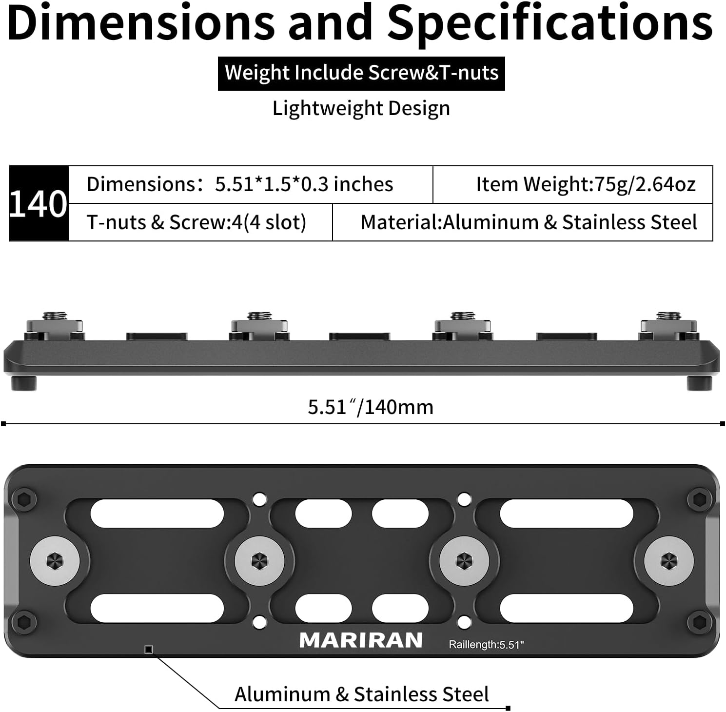 MAIRAN M-LOK Arca Dovetail Rail – Quick-Release Tripod Mount Adapter Compatible with Arca Swiss/RRS, 5.51IN Aluminum Arca Rail for Hunting Accessory/Tripod Ball Head, 4-Slot