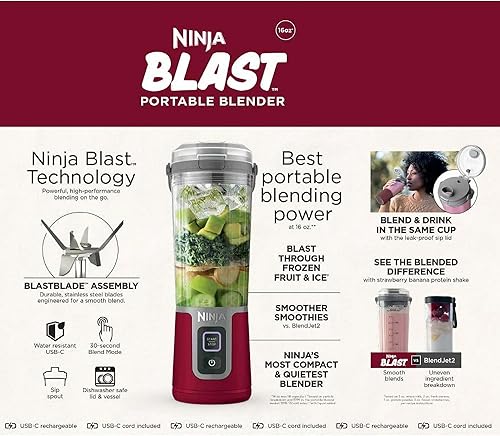 Miniatura 8 de Ninja Blast - Licuadora portátil personal de 16 onzas, rojo arándano (BC100CR) - Recargable USB-C, tapa fácil de sorber a prueba de fugas,