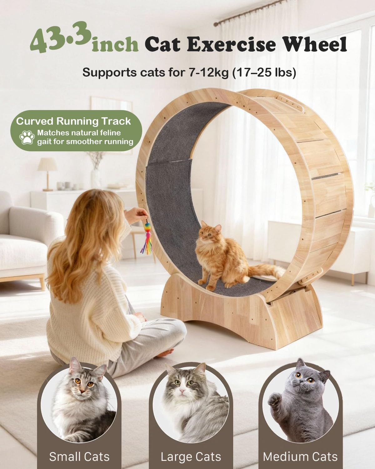 43.3" cat wheel for indoor cats, large cat exercise wheel with 2 detachable carpeted runways, quiet wood cat treadmill with safety lock, 7-layer plywood fitness running wheel for cats up to 25 lbs natural wood