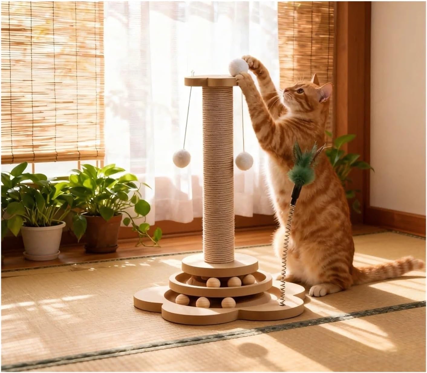 Cat Toy Solid Wood Turntable Funny Stick Balls Durable Sisal Scratching Board Grab Column Supply