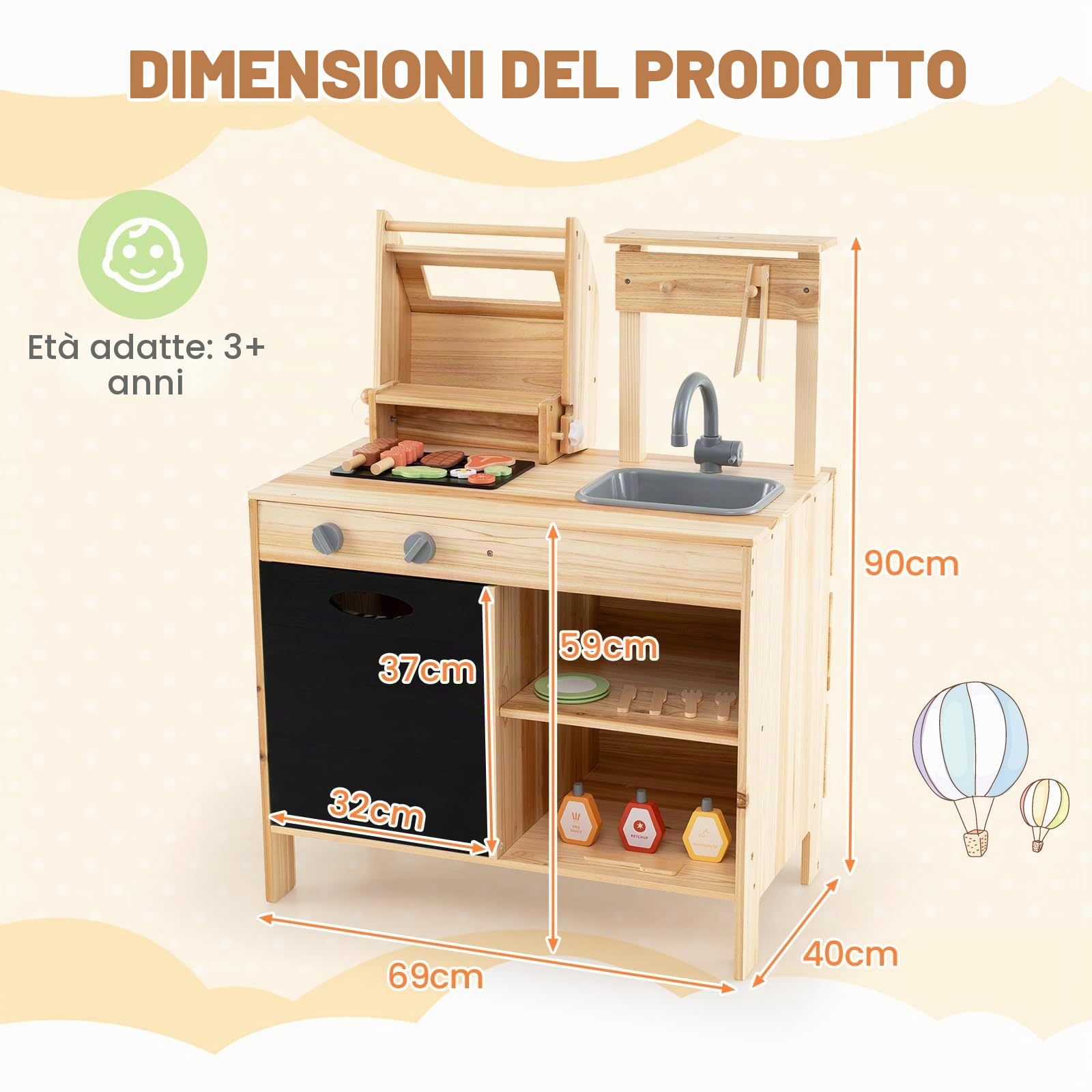 HOMASIS Cucina per Bambini da Esterno, Cucinetta da Gioco con Griglia, Lavagna e Lavello, Cucina Giocattolo con 27 Accessori per Bambini dai 3+ Anni in su, Naturale