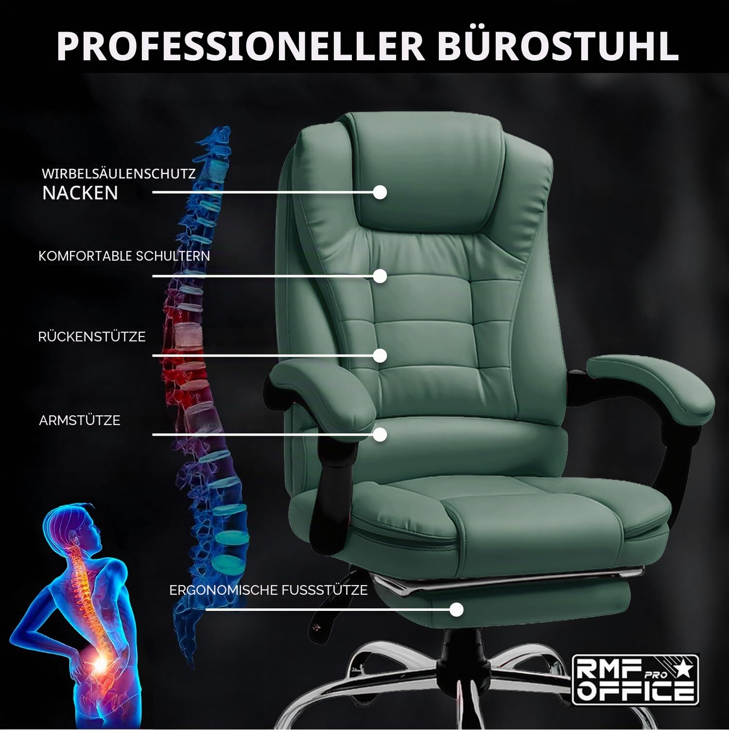 RMF Ergonomischer professioneller klappbarer Bürostuhl, bequemer und entspannender Schreibtischstuhl mit Fußstütze - entspannender Sessel mit drehbaren Rädern, höhenverstellbar grün