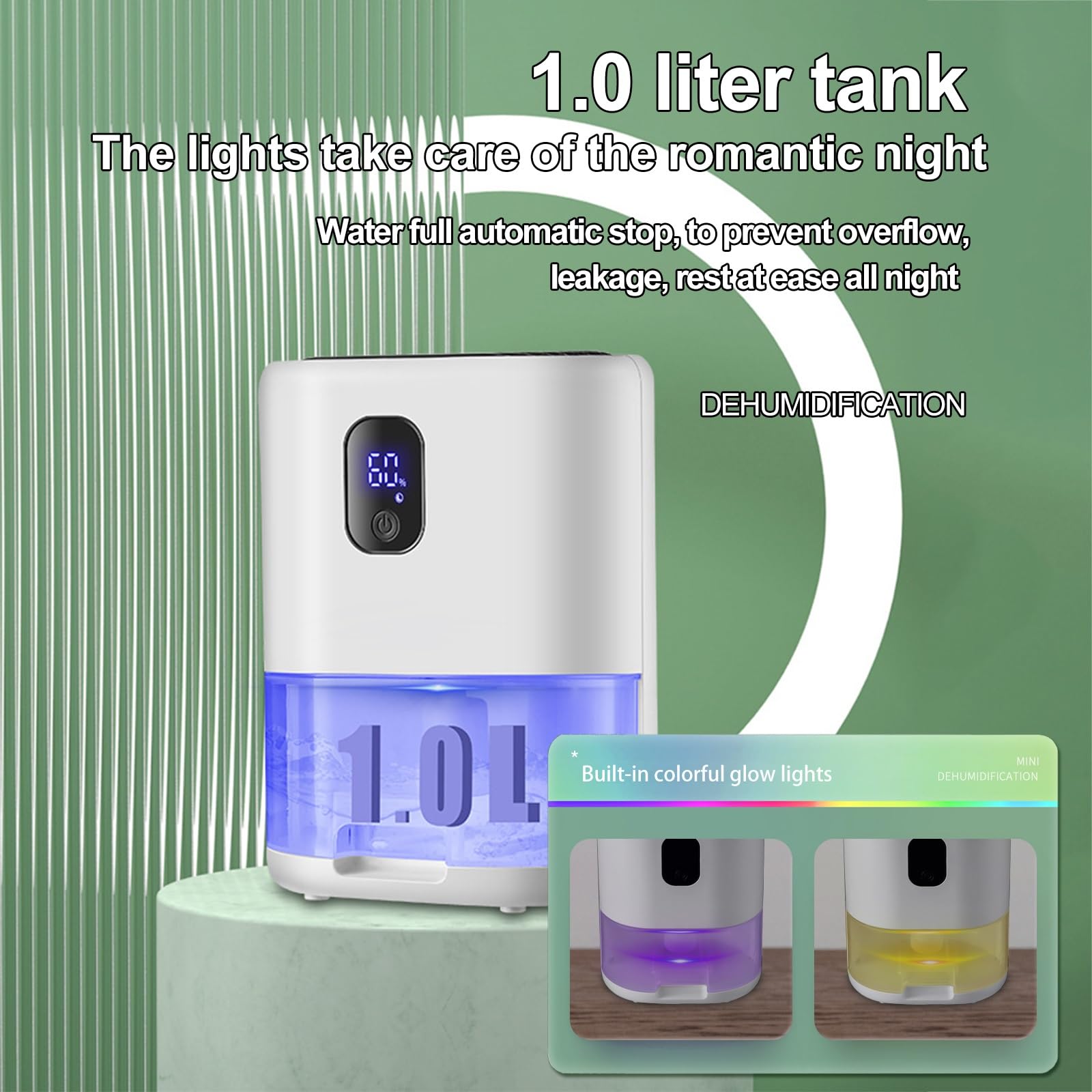 Osuszacz Powietrza 2,5 L do Domu, Osuszacz Powietrza do łazienki, Osuszacz Powietrza do Piwnicy, Monitorowanie Wilgotności, Automatyczne Wyłączanie, Tryb Uśpienia, 7 Kolorów światła LED(White)