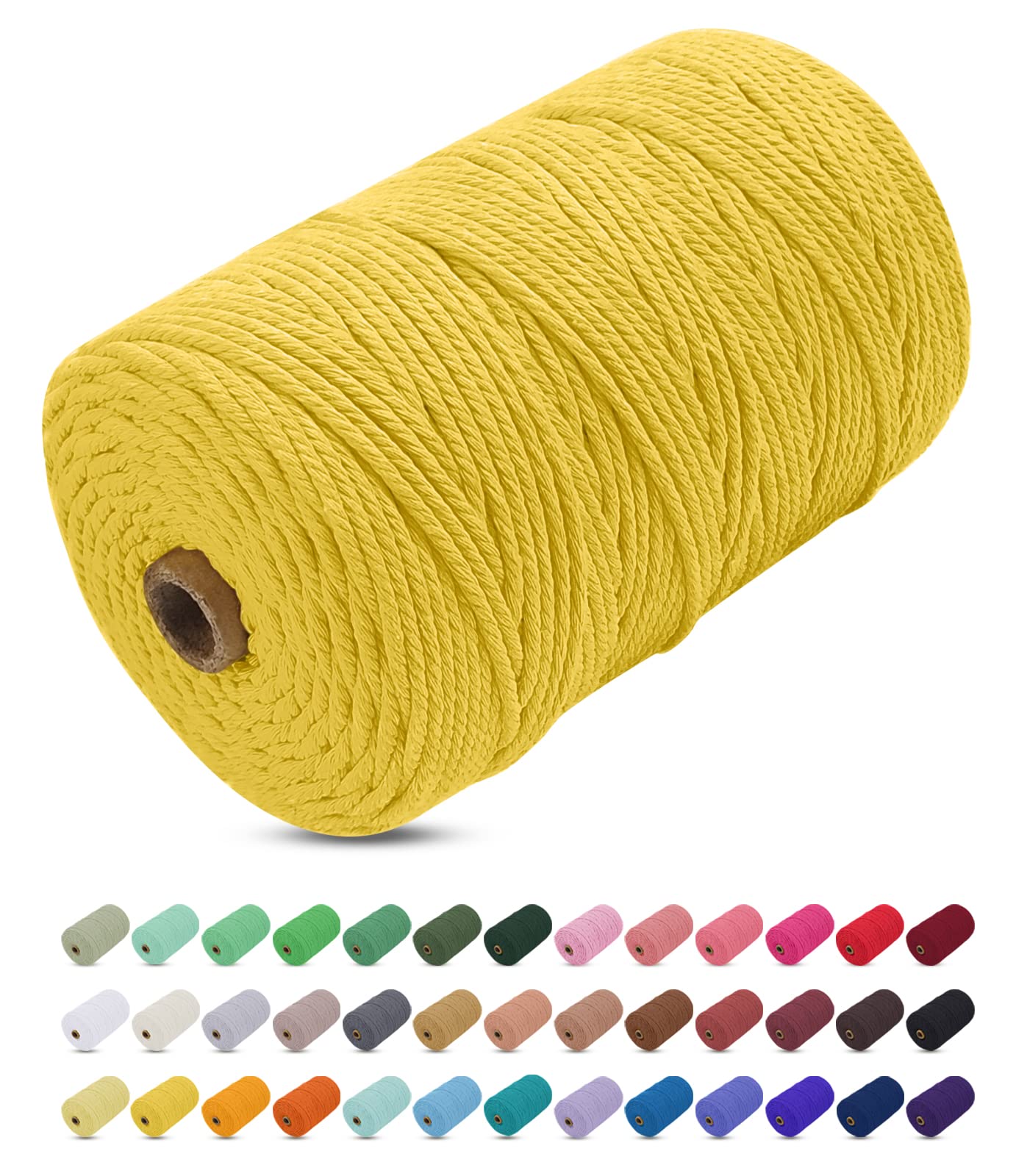 Uiopa Yellow Macrame Cord 3Mm X 200M, Thick Macrame Rope Yarn Soft Natural Cotton Cord, Coloured 4-Ply Macrame String For Diy Craft, Plant Hangers, Wall Hanging, Christmas Decorations (Yellow)