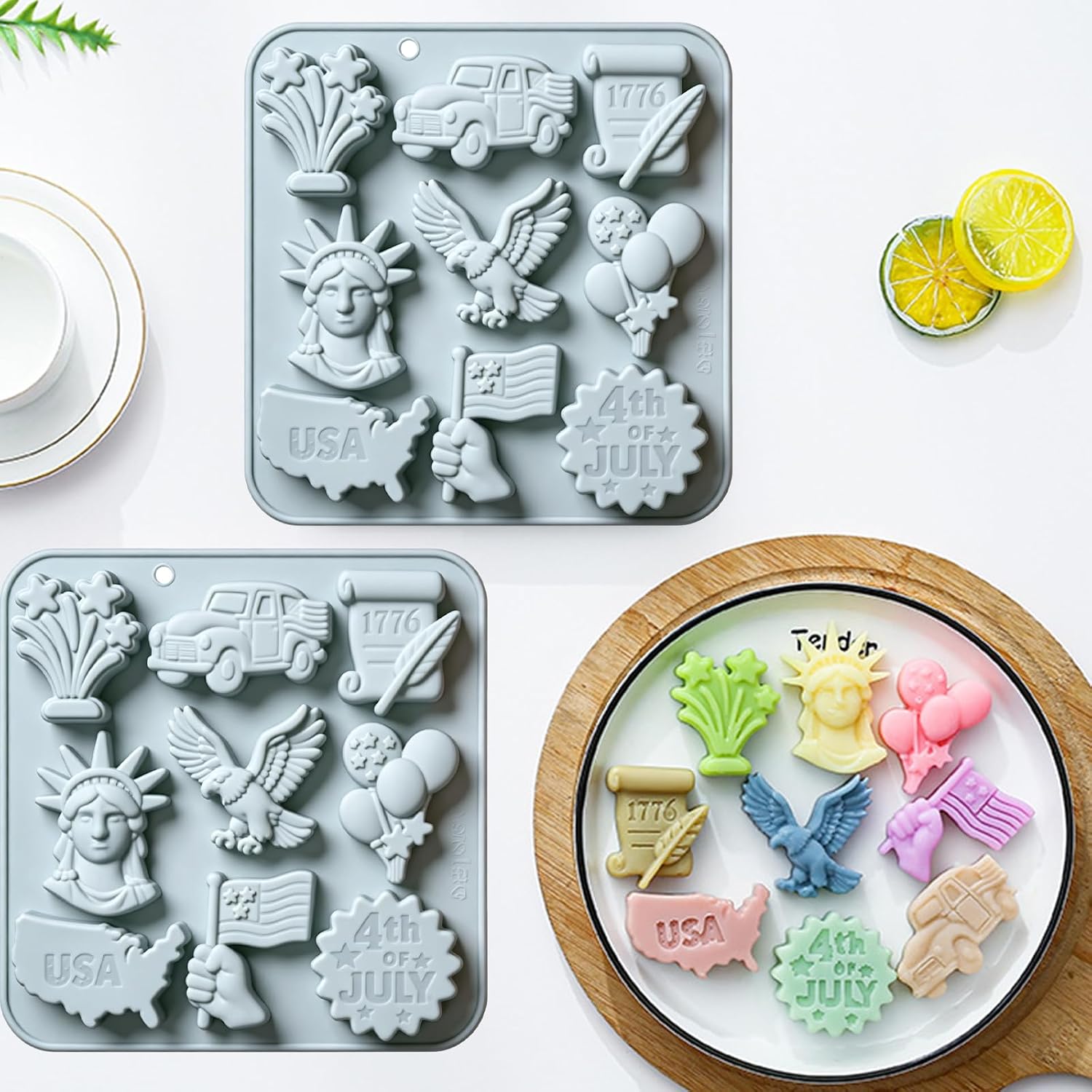 4th of July Silicone Candy Molds, 9-Cavity Patriotic USA Theme Molds with Eagle USA Flag Balloon Statue of Liberty for Chocolate, Candy, Jelly, Gummy, Cake Decoration