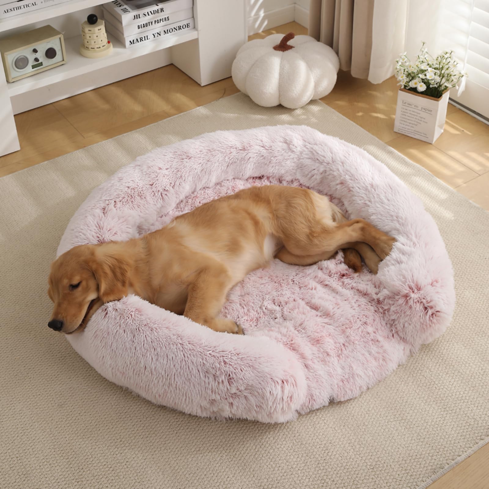 Cama ortopédica para perros, cama redonda para mascotas, cama lavable para perros pequeños y medianos, cama esponjosa para gatos, funda extraíble y antideslizante (rosa, M)