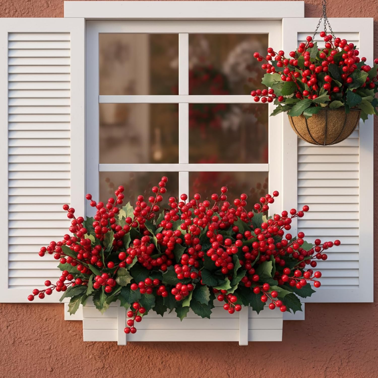 Suncalla 6 Pack Christmas Artificial Red Berries Picks 15'' Fake Holly Berry Stems Burgundy Berries Picks Artificial Flowers Bouquet for Christmas Table Centerpieces Xmas Tree Wreath DIY(Red Green)