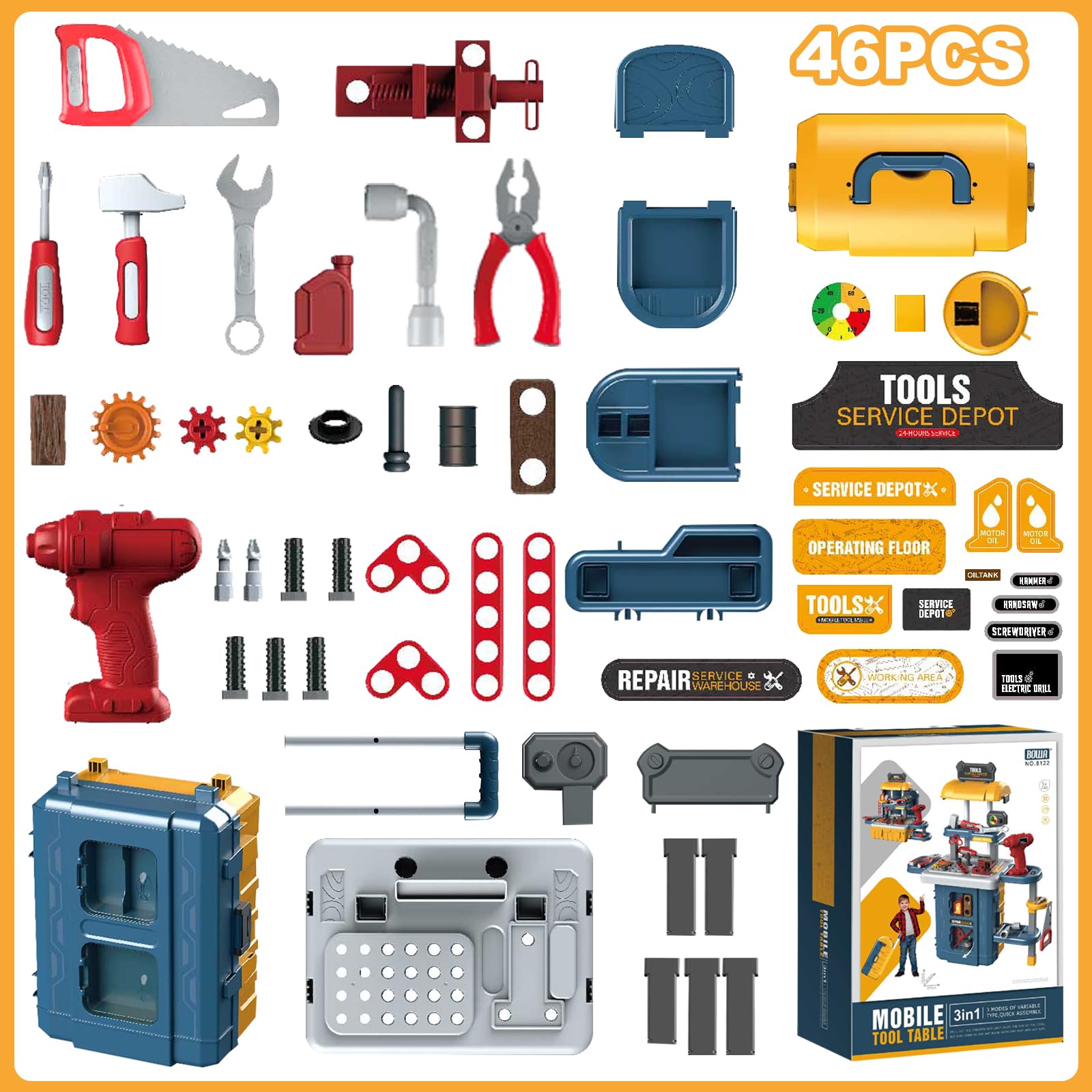 JONRRYIN Banco da Lavoro per Bambini, 46 Pezzi Cassetta Attrezzi Bambini, Attrezzi Costruzioni Giochi con Martello Cacciavite Trapano Elettrico, Giochi Imitazione Educativi, Idea Regalo