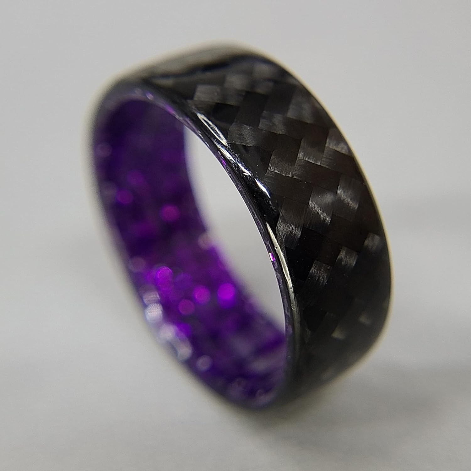 Carbon Fiber Twill Ring with Purple Sparkle Interior, High Gloss Finish, Durable, Waterproof, Sizes 4-16, Custom Band Widths