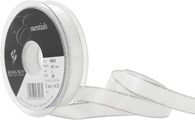 Berisfords 15 mm Silver Edge Satin Ribbon, White