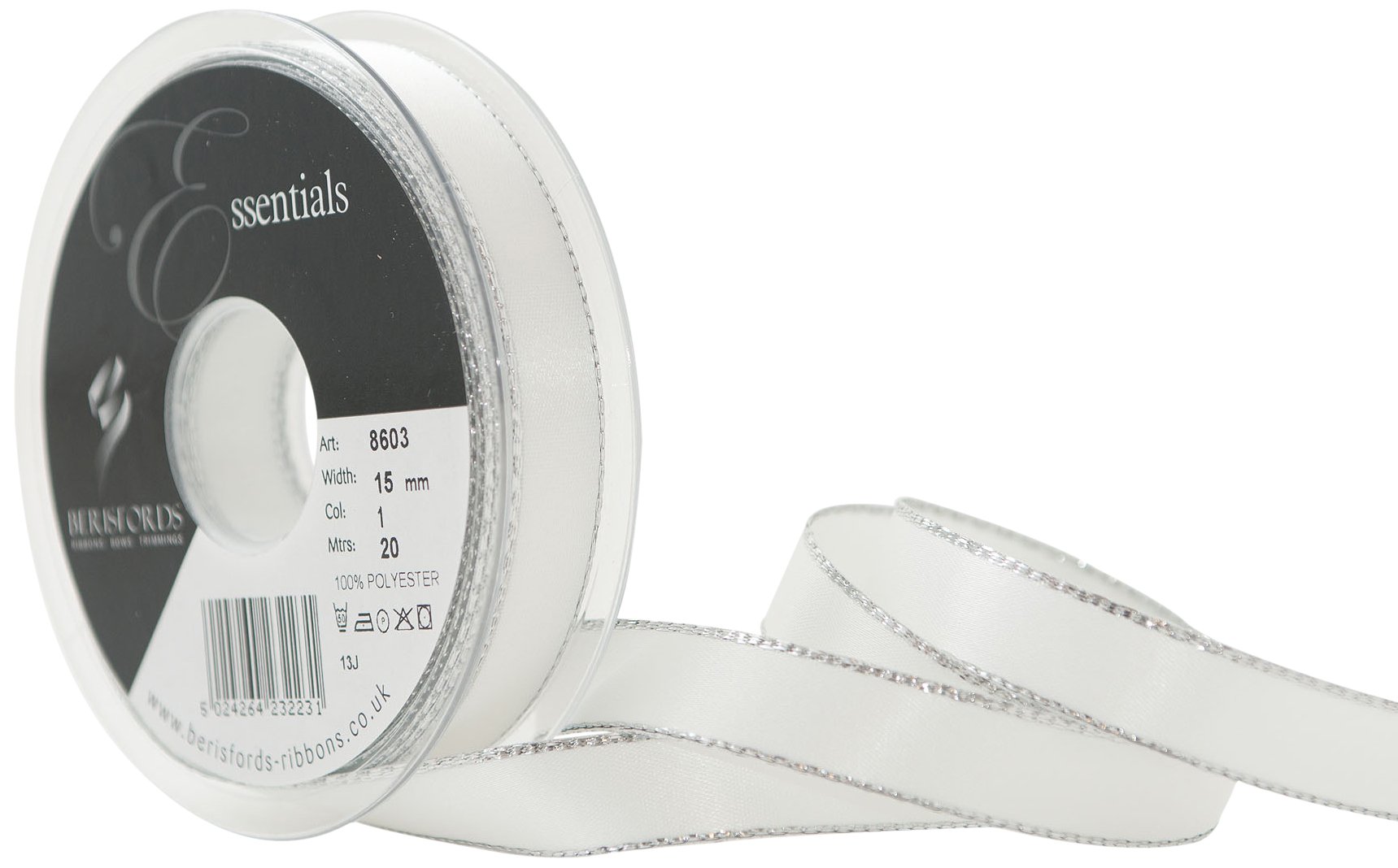 Berisfords White 15 Mm Silver Edge Satin Ribbon,