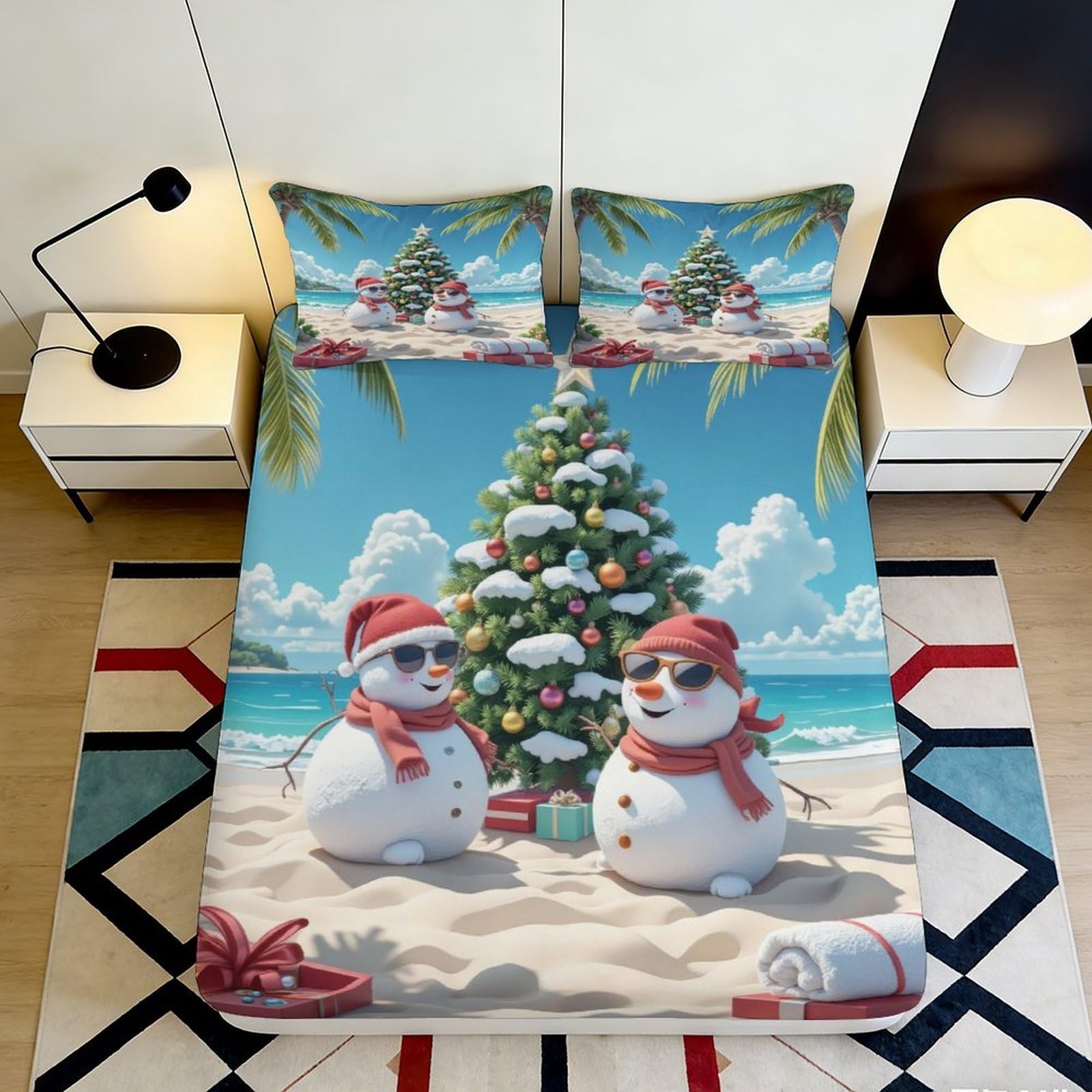 3D Printed Beach Christmas Fitted Sheet Microfiber Soft Snowman Tree Mattress Cover for Bedroom Dorm Home Decor 90x200x25cm