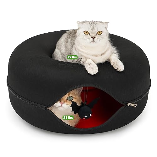Cattasaurus Unique Gothic Peekaboo Cat Cave for Multiple & Large Cats Up to 30-45 Lbs, Scratch Detachable & Washable Tunnel Bed, Comfy Donut Cat Cave (Gothic Bat, Large) - Gothic Bat - Large