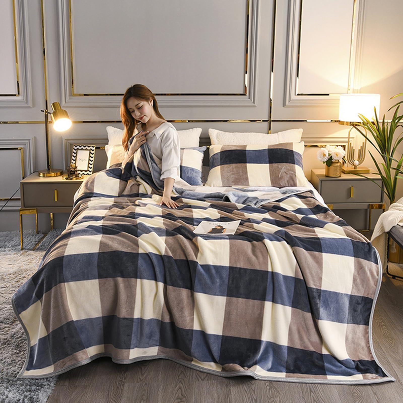 Couverture douce en flanelle marron bleu de 195x225 cm pour deco canape