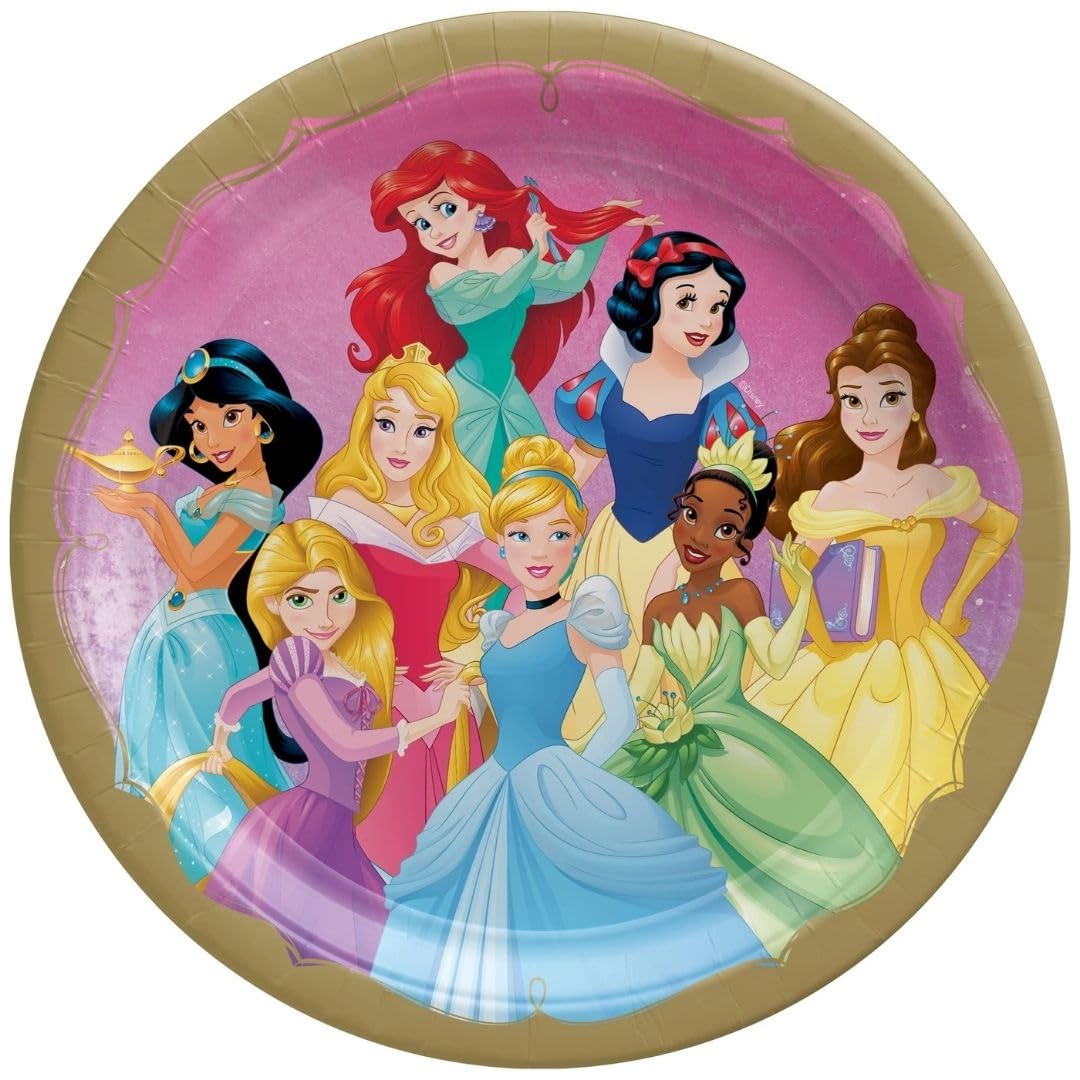 amscan Piatti di carta rotondi multicolore con principesse Disney (17,8 cm), confezione da 8, vivaci stoviglie per feste, compleanni, feste ed eventi