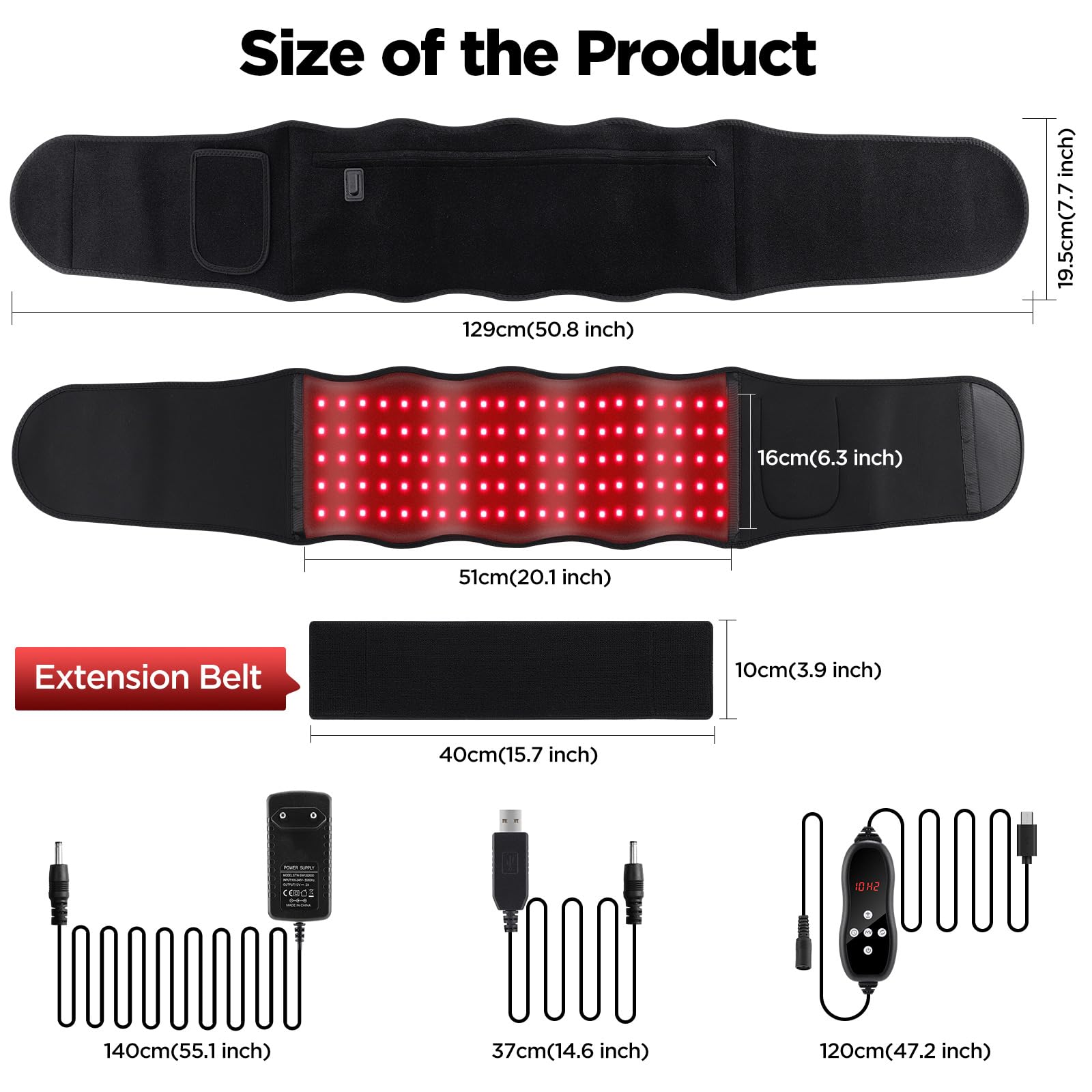 Cinturón De Masaje Con Luz Roja, Luz Roja 660nm & Luz Infrarroja Cercana 850nm, Cinturón Espalda Envolvente Con 6 Ajustes Temporales, 3 Modos De Luz, 5 Niveles De Masaje, 2 Formas De Alimentación