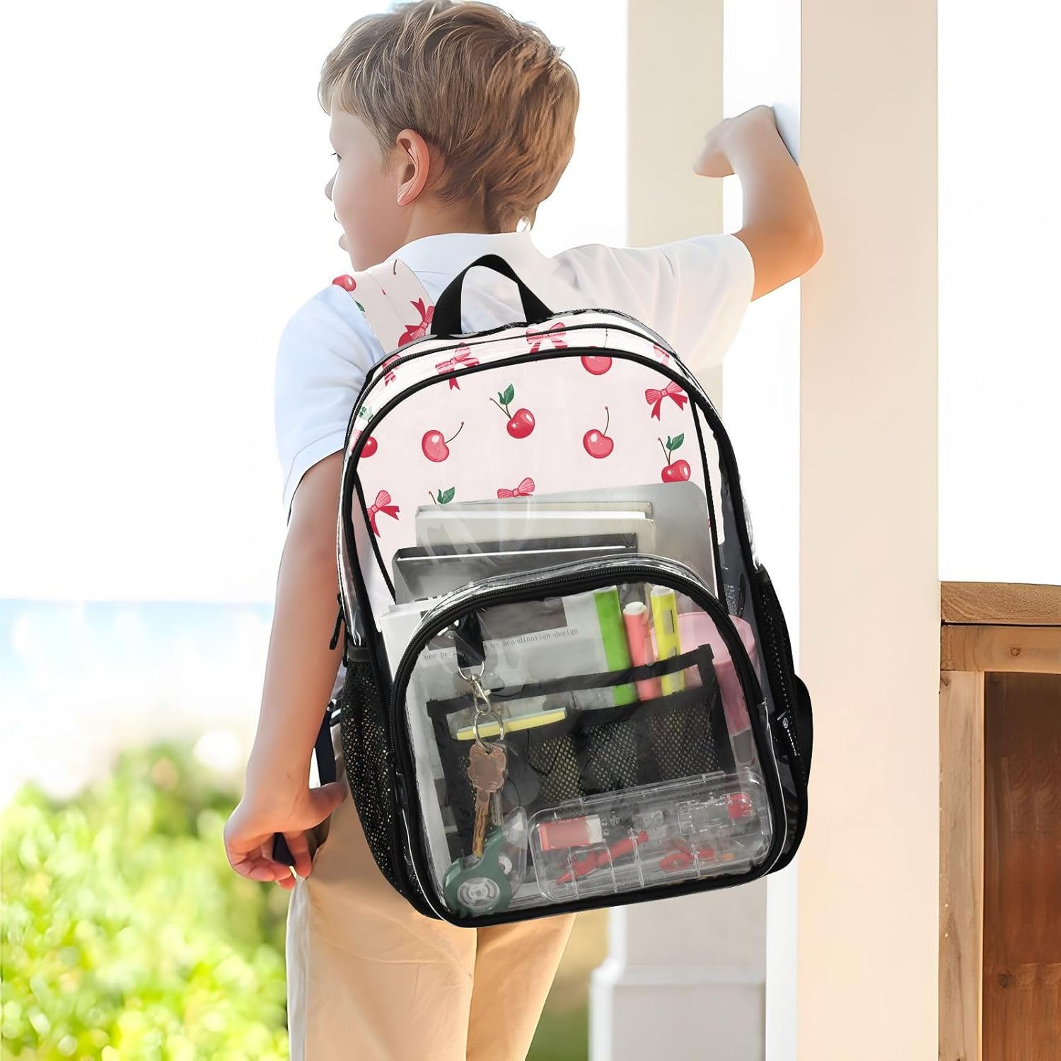 Cherry Bow Fruit Leaf Clear Backpack Heavy Duty See Through Transparent PVC BookBag for Kids Boy Girl Adult School Work