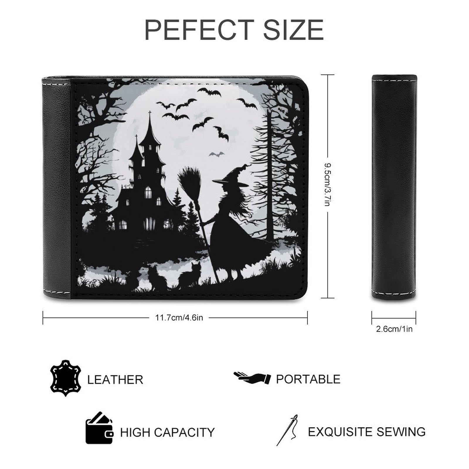 Night Witch Bat Bifold Wallet PU Leather Slim Purse Pocket Wallet with Card Holder for Women Men