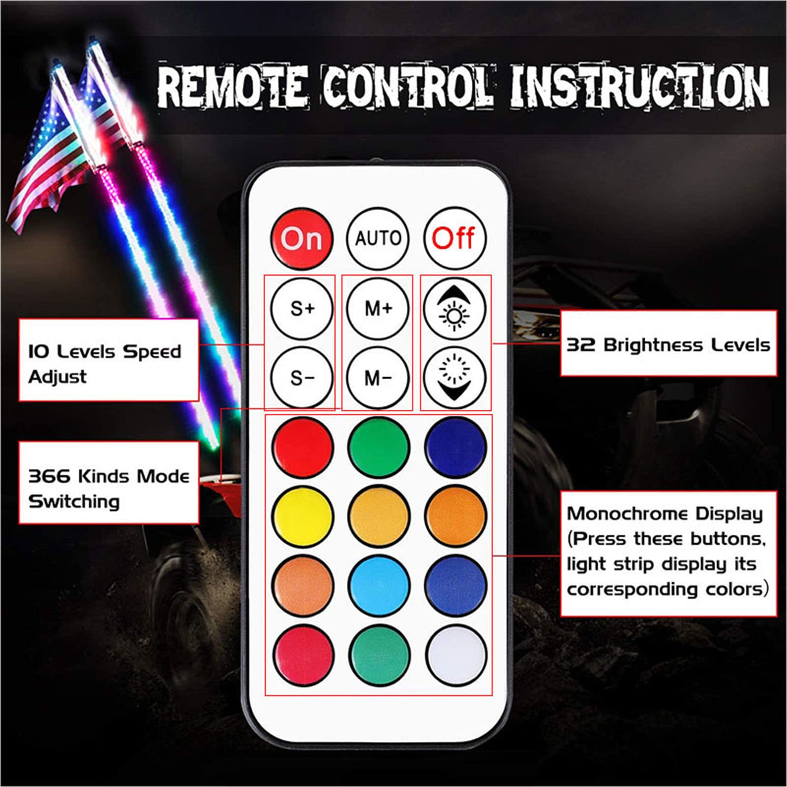 2 luces de látigo LED RGB en espiral de 3 pies con control remoto, luz de persecución/baile, látigos de antena iluminados de advertencia todoterreno, 366 modos para Can-am ATV UTV RZR Polaris Dune Bug