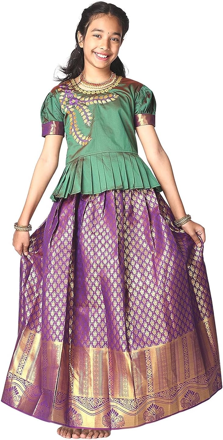 Kids Girls Pattu Pavadai | Lehenga Choli Set South Indian Traditional Wide Zari Border Embroidered Jacquard weave Ethnic Wear Red, Pink, Violet, Blue, Green, Sizes 1 to 10 Years
