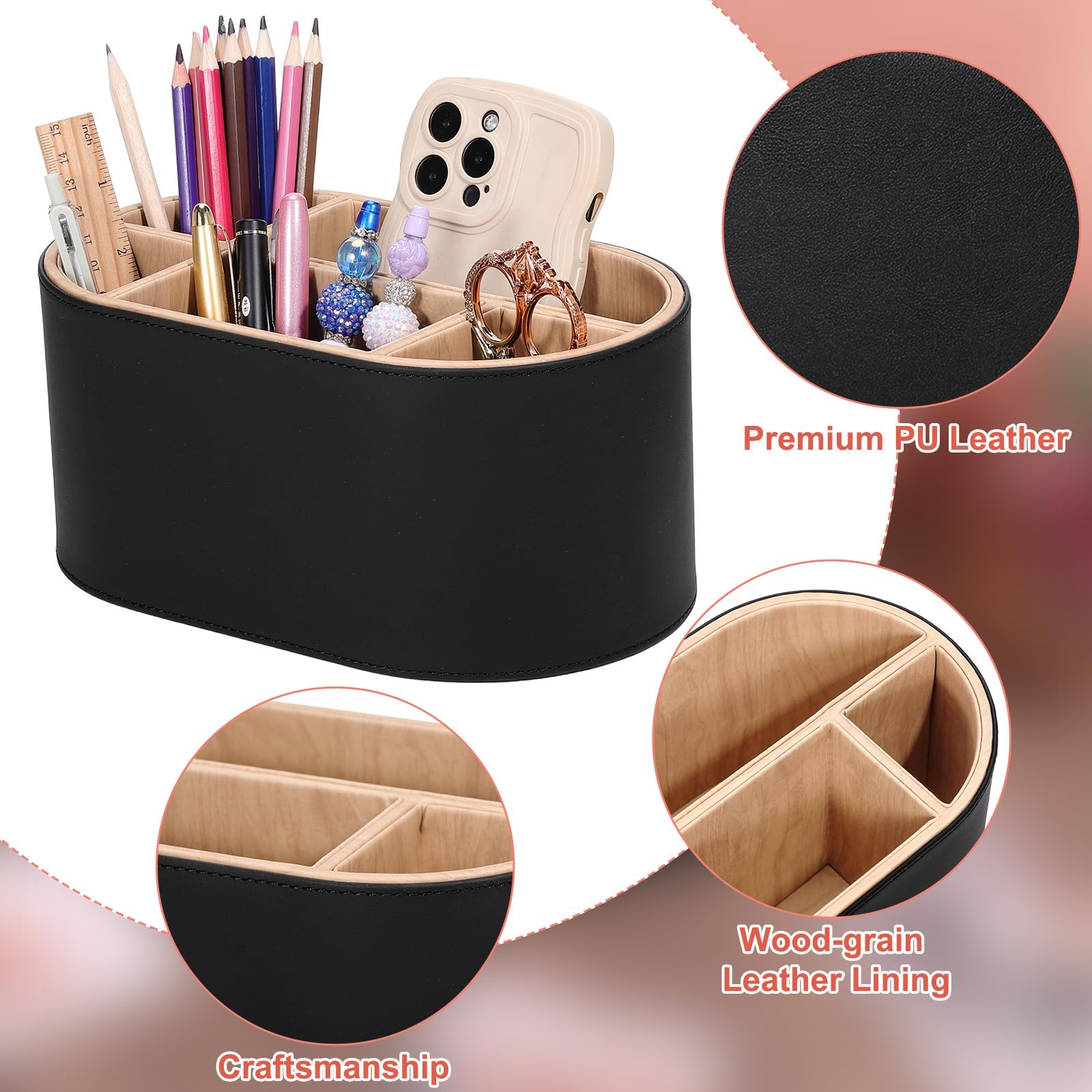 Organizer da scrivania ovale in pelle PU, con scomparti multipli, organizer per accessori, per telecomandi, penne, pennelli da trucco, ufficio, casa, scuola (nero)