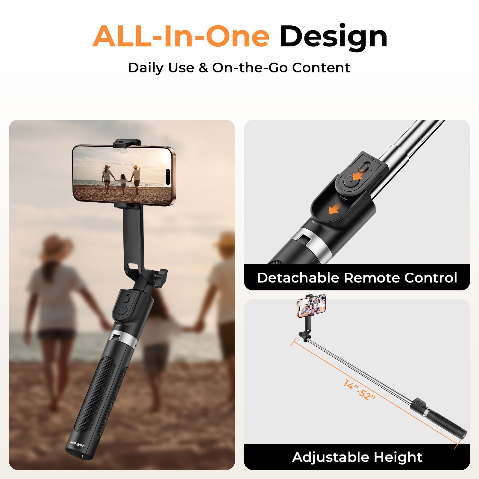 Sensyne Palo selfie de 53 pulgadas para teléfono, trípode de viaje extensible con control remoto desmontable para fotografía, selfies, compatible con todos los teléfonos celulares, color negro