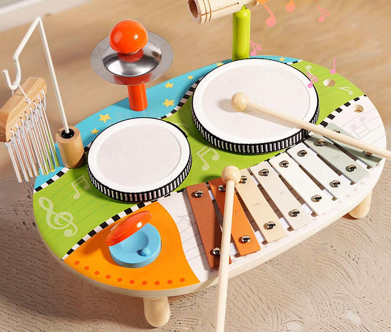 Giocattolo Musicale Educativo per Bambini, Centro a Percussione in Legno con Tamburo, Xilofono e Campanello