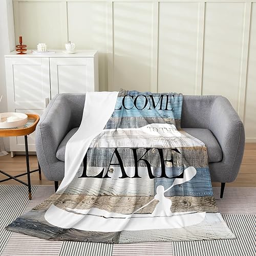 Miniatura 2 de Manta con temática de lago, color azul y gris, diseño retro de rayas de madera, manta de forro polar para niños, adolescentes y adultos, estilo