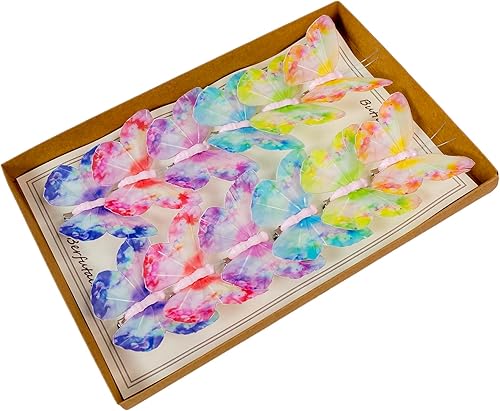 Berfutall - Juego de decoraciones de mariposa de plumas de primavera, 6 colores de 12 mariposas multicolor vibrantes en clip, decoración del hogar
