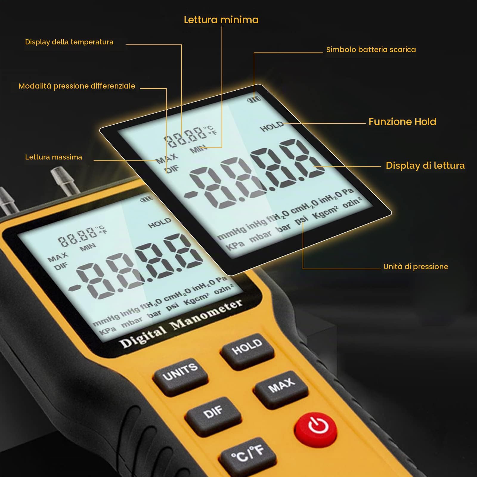 Manometro Digitale Palmare Professionale Manometro Differenziale Digitale per Gas Tester di Pressione del Gas HVAC Manometri Portatile con Connettore a Doppio Tubo, Ampio Display LCD e 12 Unità di