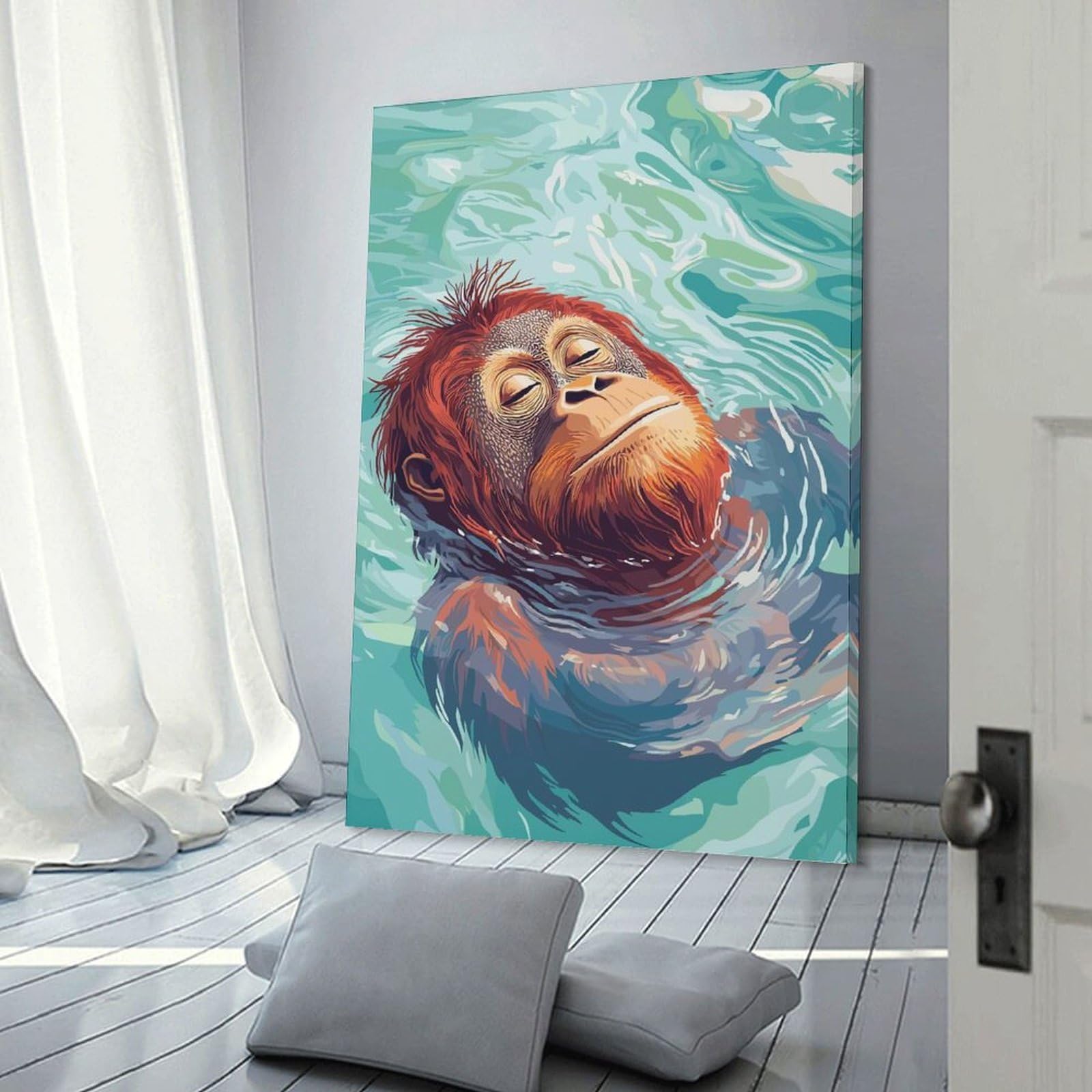 Junmoney Orangutan Floating Peacefully in Water Canvas Wall Art, 20x30inch(50x75cm), for Bedroom Decor, Cosy Corners Or Studios, Stylish Decor for A Restful Room Update