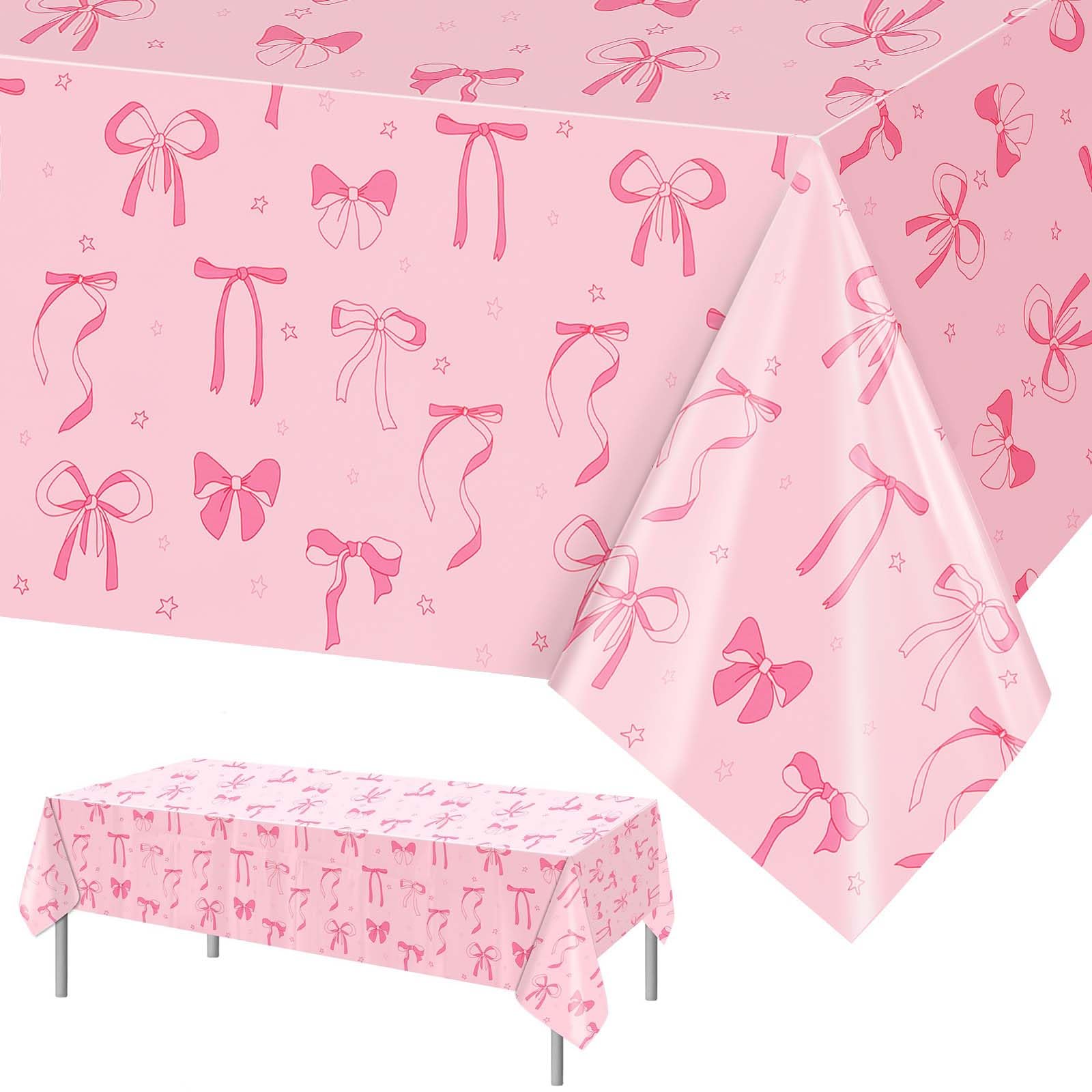 PHOGARY Birthday Decorations Table Cloth 1 Pack, Pink Party Decorations Rectangular Plastic Bow Table Cover for Girls Bow Themed Birthday Party Baby Shower, 137cmx274cm