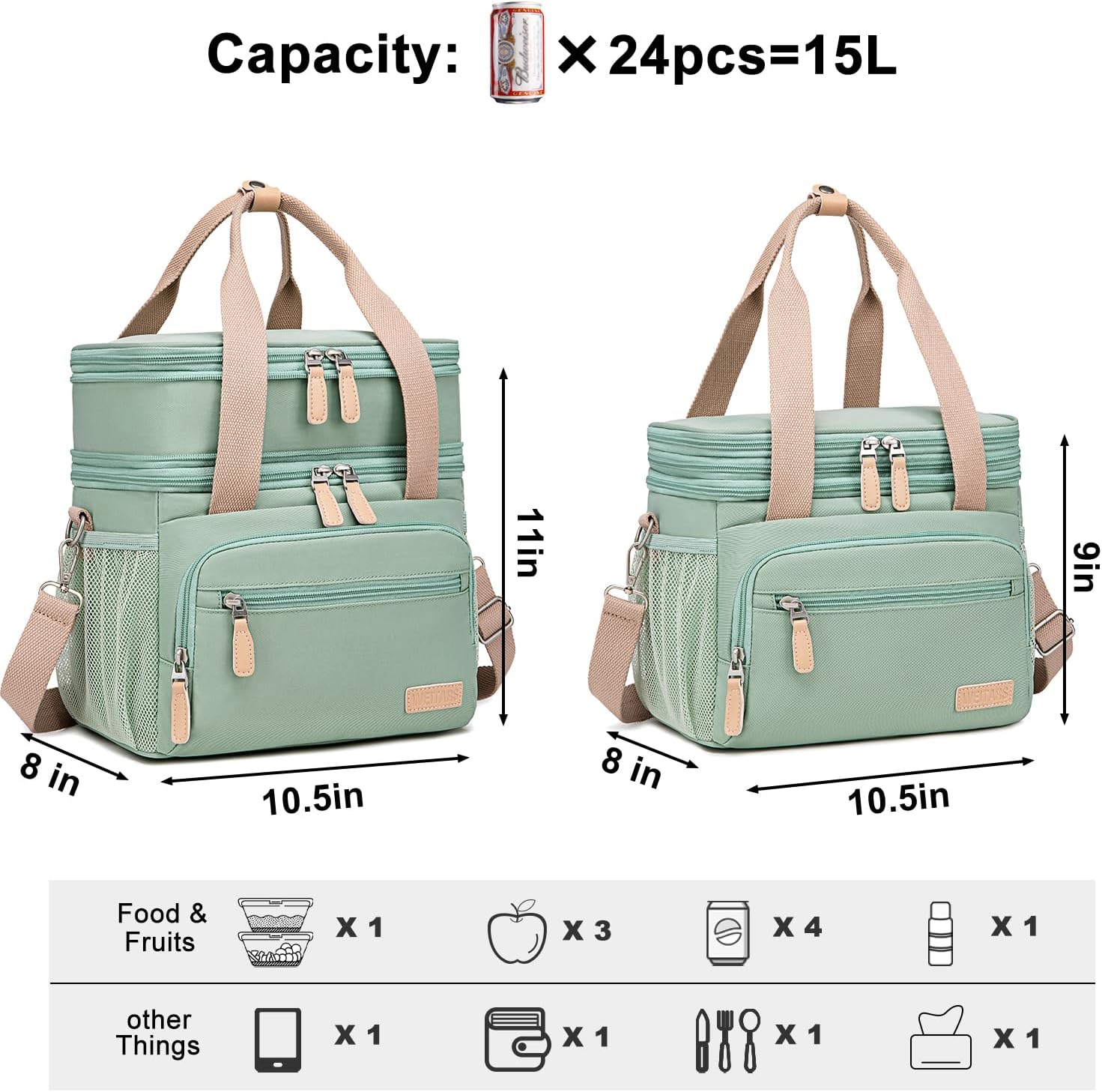 Weitars Insulated Lunch Box for Women Men-Dual Compartment Waterproof Reusable Large Lunch Bag for Women Wide-Open Tote Cooler Bag For Working Picnic Hiking (15L) (Green)